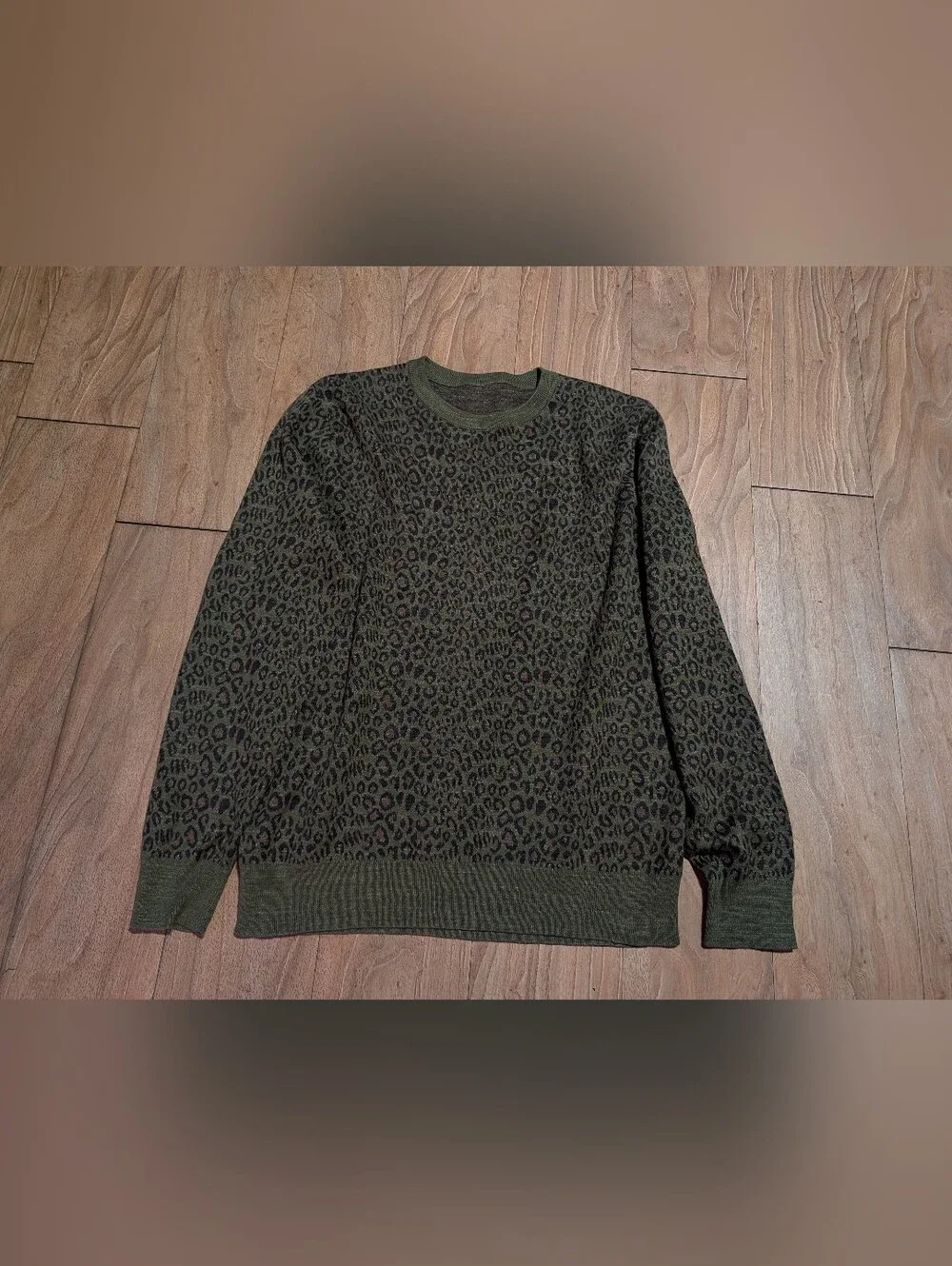 J. Crew Olive Crewneck Sweater with Black Leopard Print - Men